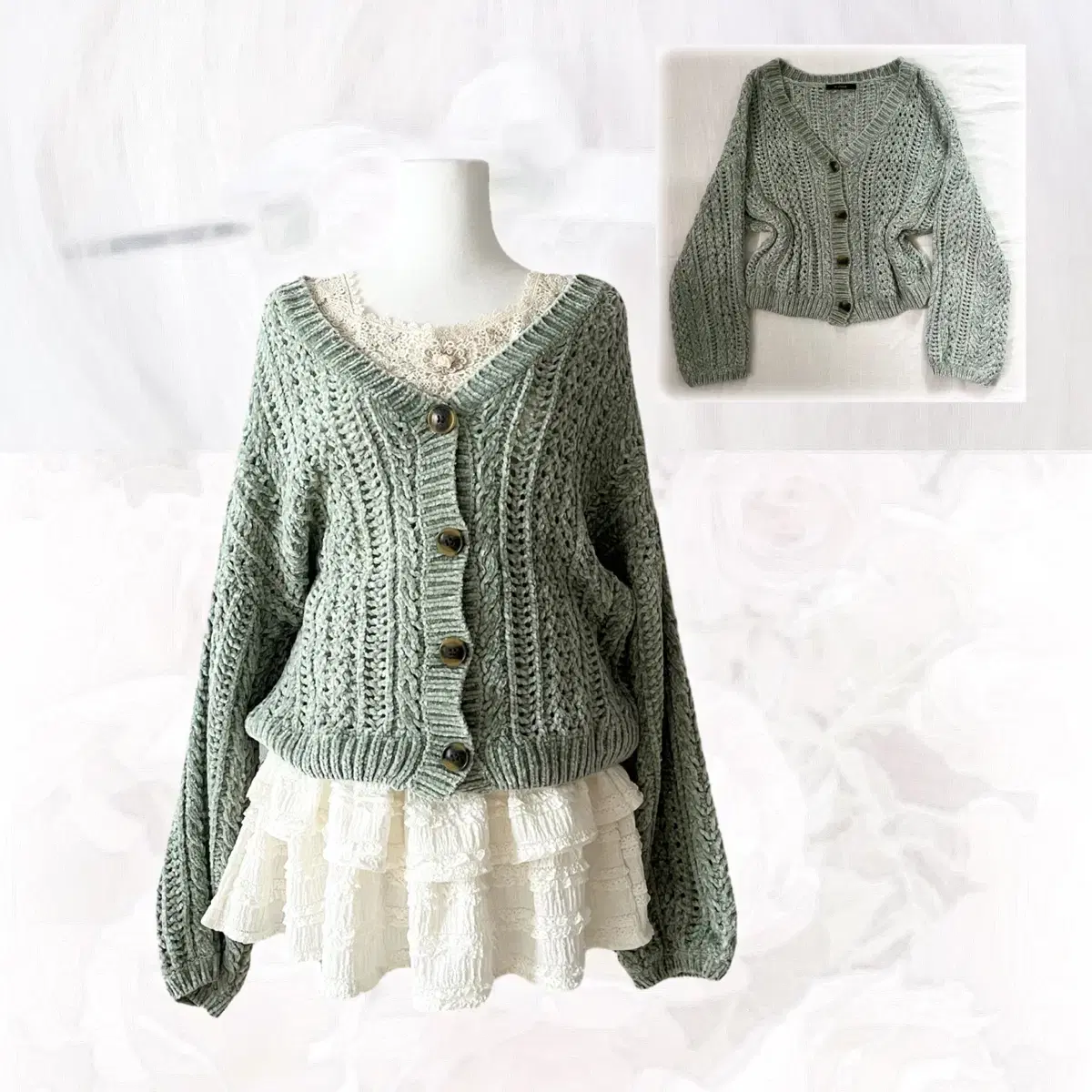 soft green knit cardigan